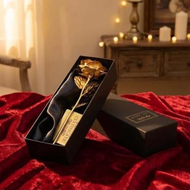 Imagem de Rosa dourada em caixa de presente, presente de rosa eterna, presente de aniversário dourado para dia dos namorados e ocasiões especiais, flor artificial de luxo para decoração de casa (ouro e vermelho