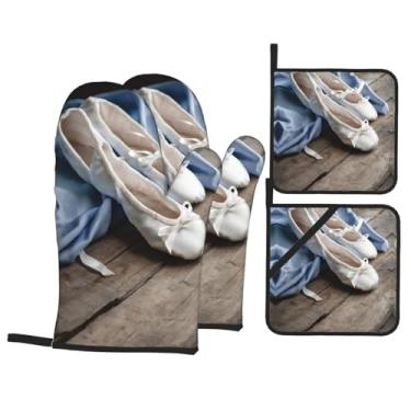 Imagem de Sapatilha de balé - Conjunto de luvas de cozinha estampadas com suportes de tampa, luvas de forno resistentes ao calor para manusear panelas quentes, grelhar, churrascos, kit de 4 peças.