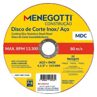 Imagem de Disco de Corte Inox / Aço 115mm MDC (63030119) - Menegotti