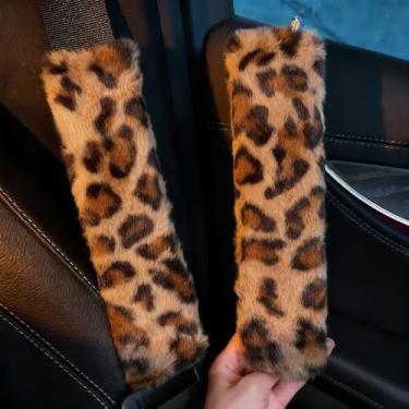 Imagem de Jonscart Pacote com 2 capas para cinto de segurança, capas macias de pelúcia com estampa de leopardo, alças para cinto de segurança, almofadas de ombro, acessórios interiores de carro para carro