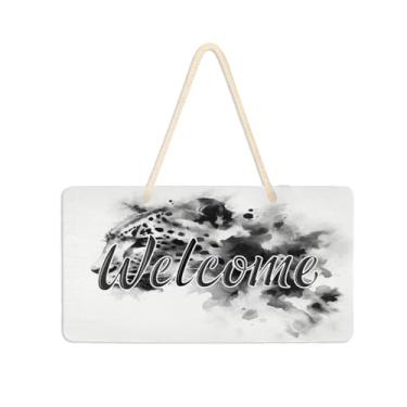 Imagem de Burbuja Placa de boas-vindas de leopardo em aquarela para porta da frente, placa de boas-vindas de PVC para decoração de férias, 15 x 28 cm