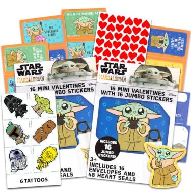 Imagem de Lembranças de festa dos namorados Mandalorian para meninos e meninas - 32 cartões de Dia dos Namorados Star Wars com adesivos para crianças e tatuagens temporárias | Cartões de Dia dos Namorados Baby