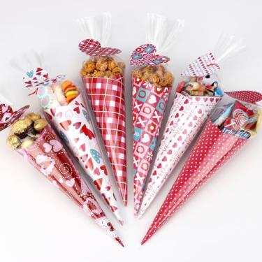 Imagem de Giiffu Valentine’s Day DIY Craft Gift Kit for Kids – 60 Pack Cone-Shaped Clear Treat Bags with Wrapping Papers, Heart Tags & Cards for Classroom Exchange, School Parties & Valentine Goodie Bags