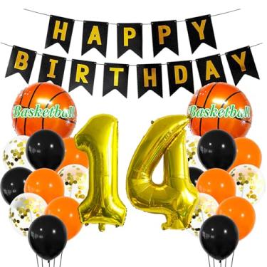 Imagem de Balão esportivo dourado de 14 anos, decoração esportiva de 14 anos, 14 troféus de basquete, 14 balões, tema esportivo de basquete dourado, decoração de festa para crianças, meninos, decoração de festa
