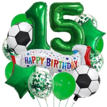 Imagem de Balão de futebol verde número 15, balões de alumínio de 15º aniversário, balões coloridos de 15 anos para futebol, balões esportivos de 15 anos, kits de balões de festa, meninos, decoração de festa de