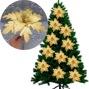 Imagem de Flores Ramos Arranjo Enfeite Natalino Dourado 20cm Kit 10pçs