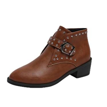 Imagem de Botas femininas de salto grosso com bico fino e detalhe de fivela para uso casual em ambientes externos e internos, Marrom, 36