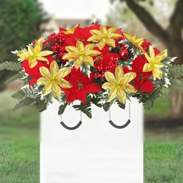 Imagem de Lodou Sela de flores de cemitério de Natal - decoração memorial de poinsétias vermelhas e frutas silvestres de plástico, resistente ao desbotamento por 60 a 90 dias, à prova de intempéries (ouro