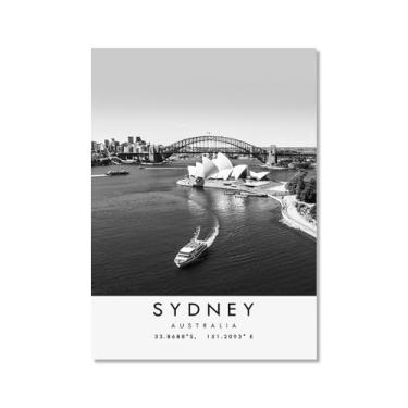 Imagem de Pôster de viagem preto e branco impressão paisagem da cidade do mundo pintura em tela Sydney arte de parede decoração de casa (8 x 12 polegadas (20 x 30 cm), sem moldura)