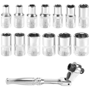 Imagem de Catraca de cabeça flexível de 1/4, conjunto de chaves catraca de cabeça giratória à prova de ferrugem com 13 peças de soquete de 4 mm a 14 mm para montagem de móveis de reforma doméstica, liga de aço