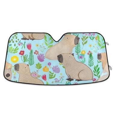 Imagem de Capivaras fofas flores coloridas guarda-sol de carro personalizado para para-brisa dobrável sombra de carro para-brisa frontal impressão animal automotivo retrátil M, 139,7 cm x 70,1 cm