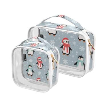 Imagem de GAIGEO Pacote com 2 sacos de maquiagem transparentes para escamas de sereia, bolsa cosmética com zíper, bolsas transparentes para viagens, Pinguins fofos de Natal, one size