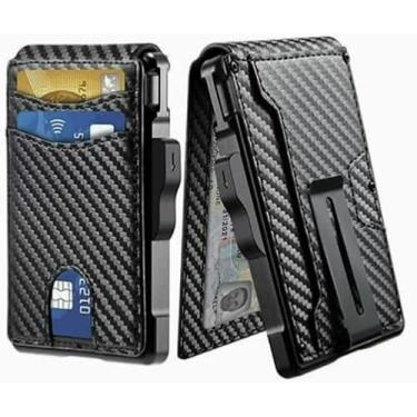 Imagem de Carteira masculina fina de metal com trava automática, bolso frontal, porta-cartões de crédito para proteção RFID, permissão para pai, namorado, amigo, Preto, Moderno