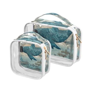 Imagem de GAIGEO Conjunto de 2 bolsas de cosméticos transparentes vintage Scratch Sea Star, bolsa transparente com zíper, bolsas de higiene pessoal transparentes para viagens, Baleia retrô marinha coral, one