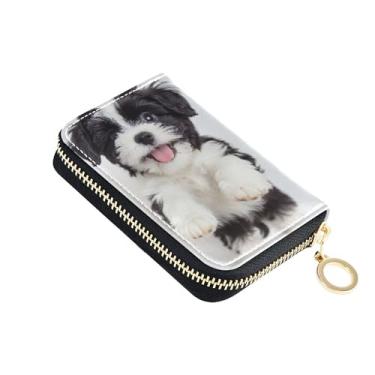 Imagem de Carteira feminina com porta-cartões com bloqueio de RFID, carteira de couro pequena com zíper e chaveiro, estampa de cachorrinho preto fofo