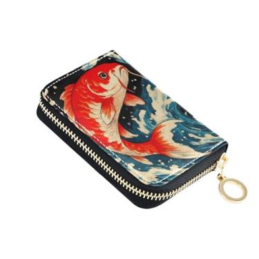 Imagem de Carteira feminina vermelha branca Koi Fish pequena com 9 compartimentos para cartões de crédito e 2 compartimentos para dinheiro de designer para viagem com bolso para moedas
