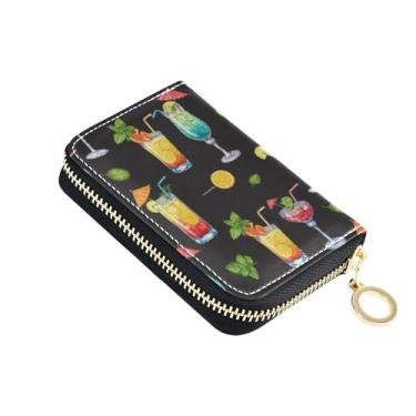 Imagem de Carteira feminina colorida para coquetéis, bebidas, preta, porta-cartões, de couro, com bloqueio de RFID, pequena carteira com zíper e bolso para moedas