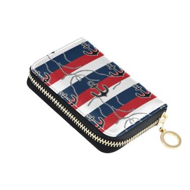 Imagem de Carteira feminina à prova de digitalização com zíper fofo porta-cartões com bloqueio de RFID, âncoras náuticas, listras vermelhas, azul-marinho, bolsa de troca com zíper e chaveiro