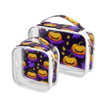 Imagem de GAIGEO Símbolos de Halloween em conjunto de sacolas de higiene pessoal transparente laranja, bolsa de maquiagem de higiene pessoal, bolsas de acessórios de viagem, pacote com 2, Roxo com abóboras - 2