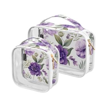 Imagem de GAIGEO Conjunto de sacolas de higiene pessoal transparentes de Natal com estrelas e árvores, bolsa transparente com zíper, bolsas de acessórios de viagem, pacote com 2, Flor floral violeta com folhas