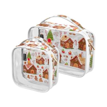 Imagem de GAIGEO Conjunto de bolsas de cosméticos transparentes, bolsa de armazenamento transparente, bolsas de acessórios de viagem, pacote com 2, Casa de gengibre festiva de Natal - 4, one size