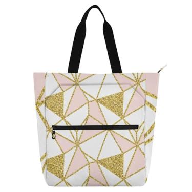 Imagem de GAIGEO Bolsa de trabalho com triângulos dourados geométricos para mulheres, bolsa de lona com zíper, bolsa de praia, carteiro, para amantes de livros