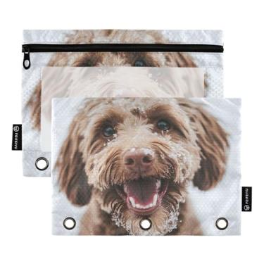 Imagem de GAIGEO Pasta de lápis marrom Doodle Dog Winter com 3 anéis, bolsa de lápis, estojo com zíper, fichário escolar, bolsos transparentes, escritório, 25 x 18 cm, 2 pacotes