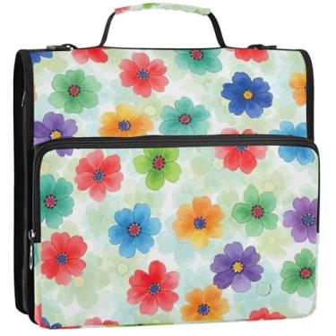 Imagem de Pastas vibrantes de flores em aquarela de 3 cm, 3 anéis, organizador de fichário resistente, bolsa de fichário para ensino médio com alça portfólio e estojo para pasta de anel 34,5 x 31,5 x 9 cm