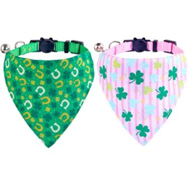 Imagem de Coleiras para gatos do Dia de São Patrício com bandana sino para animais de estimação gatinho ajustável filhotes de cachorro pequeno