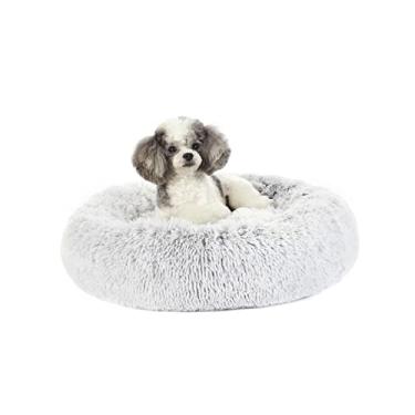 Imagem de Bedfolks Cama de cachorro calmante donut, Dia23 camas redondas fofas para cães pequenos, lavável à máquina e anti-ansiedade cama de cachorro de pelúcia (cinza claro, pequeno)