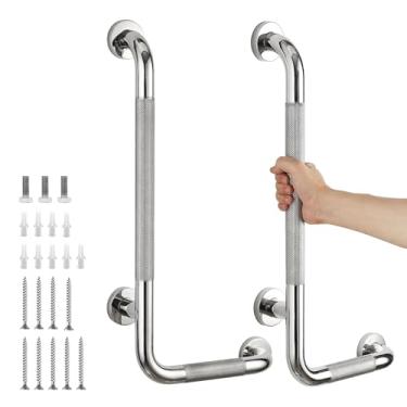 Imagem de Pacote com 2 barras de apoio em forma de L para chuveiro, barras de apoio de aço inoxidável de 61 x 30 cm para idosos para montagem na parede, trilho de segurança de banheiro serrilhado antiderrapante