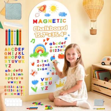 Imagem de Decalque de parede com ímã de arco para crianças, quadro magnético branco para parede, quadro-negro autoadesivo para sala de jogos com 79 letras magnéticas desenhando papel de contato magnético para