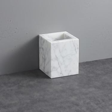 Imagem de Suporte de escova de dentes de mármore natural para banheiro, copo retangular de pedra genuína, organizador de bancada de escritório e casa durável (branco)