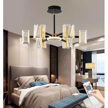 Imagem de Luminária de teto pendente LED moderna em acrílico para sala de estar, nas cores preto e dourado, com altura ajustável, controle remoto, dimerizável, 60W, para uso interno, em metal (Ø63CM)