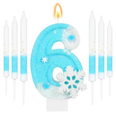 Imagem de IDIJOLI Conjunto de velas de aniversário Blue Frozen, floco de neve, branco, número 6, topos de cupcake, tema de inverno, decorações de festa de 6 anos, comemorações, suprimentos, lembrancinhas