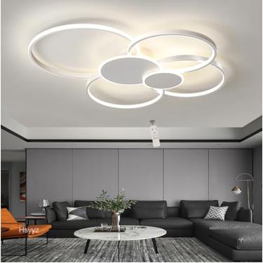Imagem de Luminária de teto LED dimerizável com controle remoto, design elegante e criativo com 6 anéis, em metal, para sala de estar. Lustre de embutir para iluminação interna (branco, 80 cm de compr