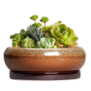 Imagem de EPFamily Vasos de suculentas - vasos de bonsai de cerâmica de 15 cm com orifício de drenagem e bandeja, vasos de suculentas para ambientes internos e externos, vaso redondo raso, vaso de cacto