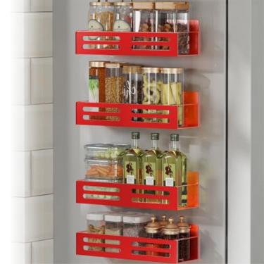 Imagem de Roysili Suporte magnético para temperos para geladeira, organizador de temperos de metal, prateleira magnética para geladeira, pacote com 4, vermelho