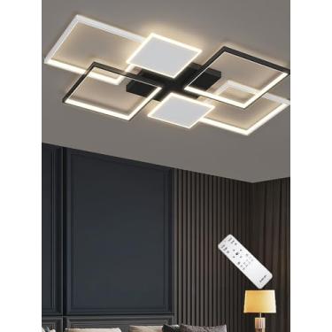 Imagem de Luminária de teto moderna LED retangular de 120W, dimerizável, em acrílico preto, para quarto, sala de estar e cozinha, com controle remoto (110cm).