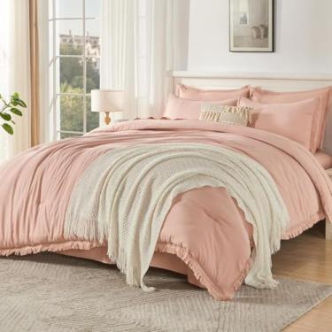 Imagem de Andency Jogo de cama king extragrande com lençol 128 x 120 rosa - 7 peças, conjunto de cama boho macio e leve, borla enferrujada com edredom, lençóis, fronhas e fronhas