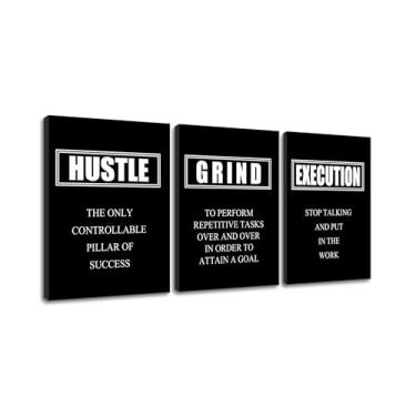 Imagem de Pôster de citações inspiradoras Hustle Grind Execution Pintura motivacional de decoração de parede 3 peças impressão em tela emoldurada arte esticada moderna escritório decoração de casa pronta para