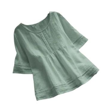 Imagem de Camisa Elegante Feminina De Algodão E Linho, Cor Sólida, Casual, Decot