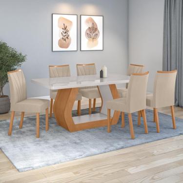 Imagem de Conjunto Sala De Jantar Mesa Easy Tower 170x90cm Mdf/vidro Com 6 Cadeiras Armoni Veludo Creme Amendoa/off White