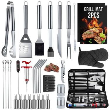 Imagem de Kit Churrasco na Grelha Peças de Aço Inoxidável e Termômetro com Estojo de zenamento, HUSSAR BTS 34, Prateado