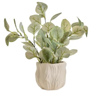 Imagem de AlphaAcc Planta artificial de eucalipto de 32 cm em vaso de cerâmica em relevo branco realista, plantas falsas decorativas, vegetação falsa para casa, cozinha, banheiro, quarto, escritório, mesa