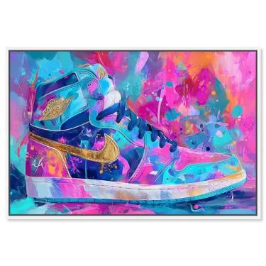 Imagem de Tênis colorido e ousado pintado em tela arte de parede por Art Remedy, moldura branca, 61 x 40 cm