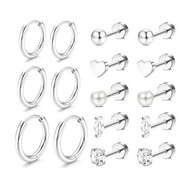 Imagem de Incaton Brincos de aço inoxidável cirúrgico para orelhas sensíveis, hipoalergênicos, 20 g, brincos de argola para mulheres, pequenos brincos de costas planas, brincos de cartilagem, Small, Metal