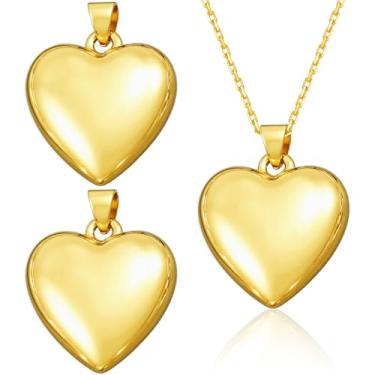 Imagem de YALOJE 3 peças de pingente de coração para fabricação de joias, latão banhado a ouro 18 K, pequeno pingente de amor 3D, lindo pingente de coração bufado com anel de salto para mulheres, colar de