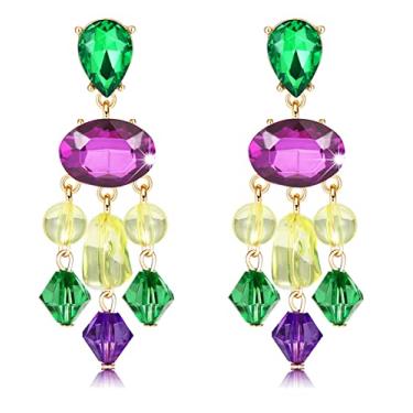 Imagem de Brincos de cristal Mardi Gras roxo verde contas amarelas brincos pendentes para mulheres moda vintage carnaval desfile brincos presentes, Liga, Sem Pedra Preciosa