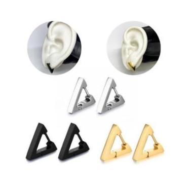 Imagem de Brinco Argola Masculino Feminino Triangular Geométrico Triângulo Prata Preto Dourado Aço Inox-Unissex